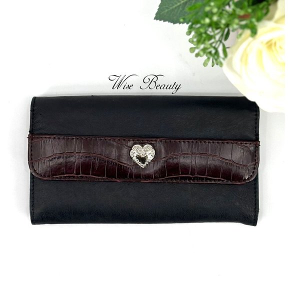Classic Tri-Fold Wallet Two Tone Black Brown Multi-Compartments Snap Closure - Picture 1 of 7
